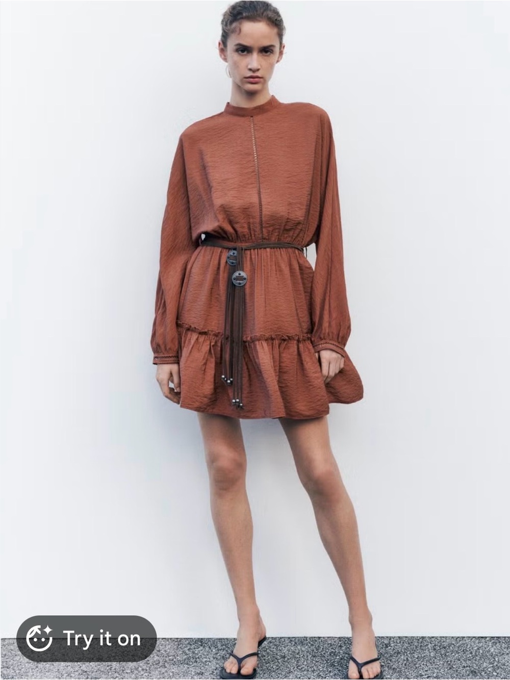 Zara rust brown long-sleeve tiered mini dress